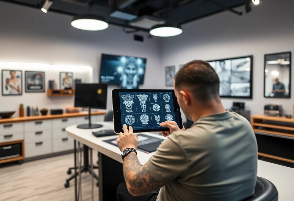 Professional tattoo artist workspace with AI technology